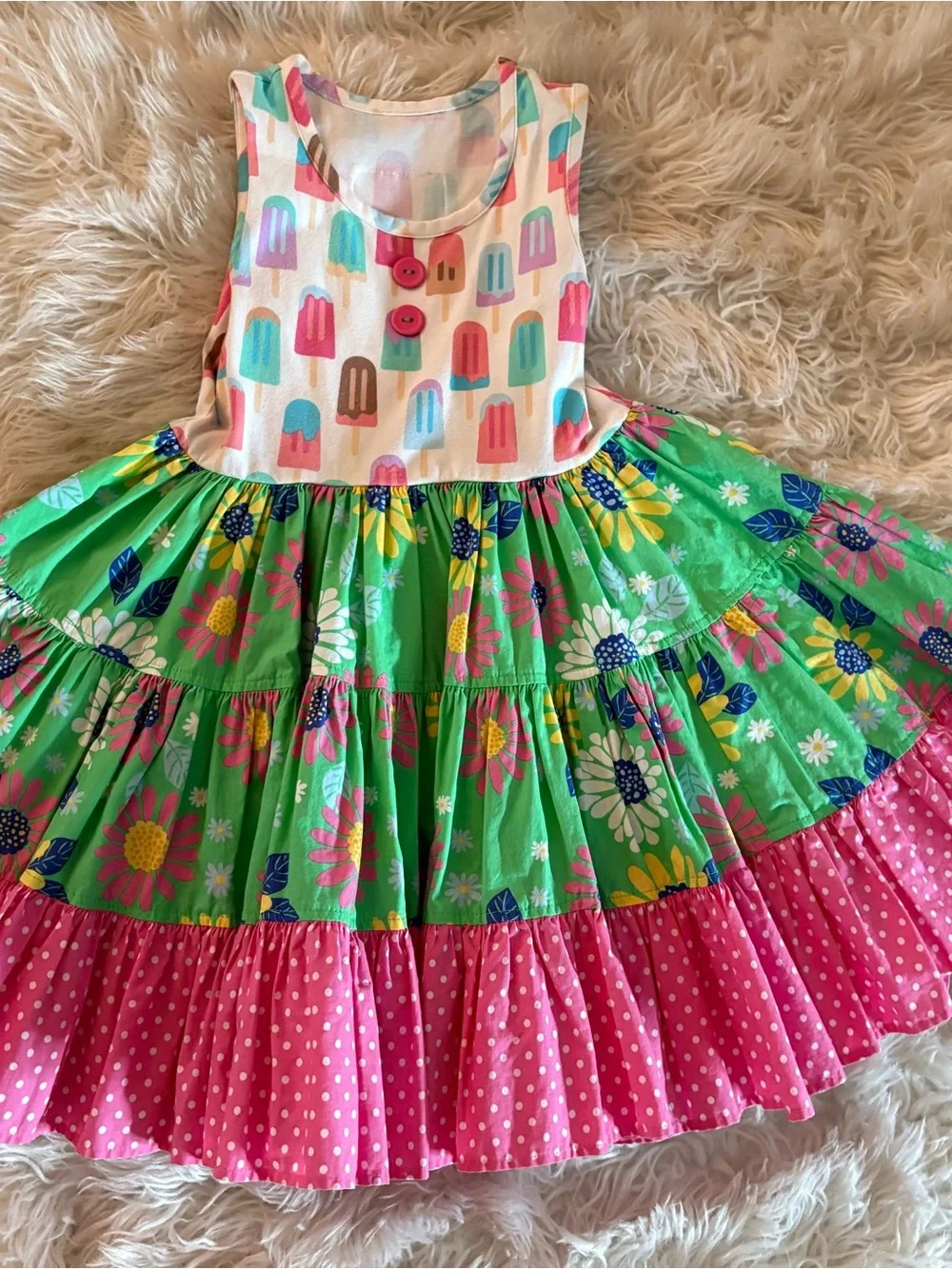 Eleanor Rose Colorful Popsicle & Floral Tiered Dress - Pink Green